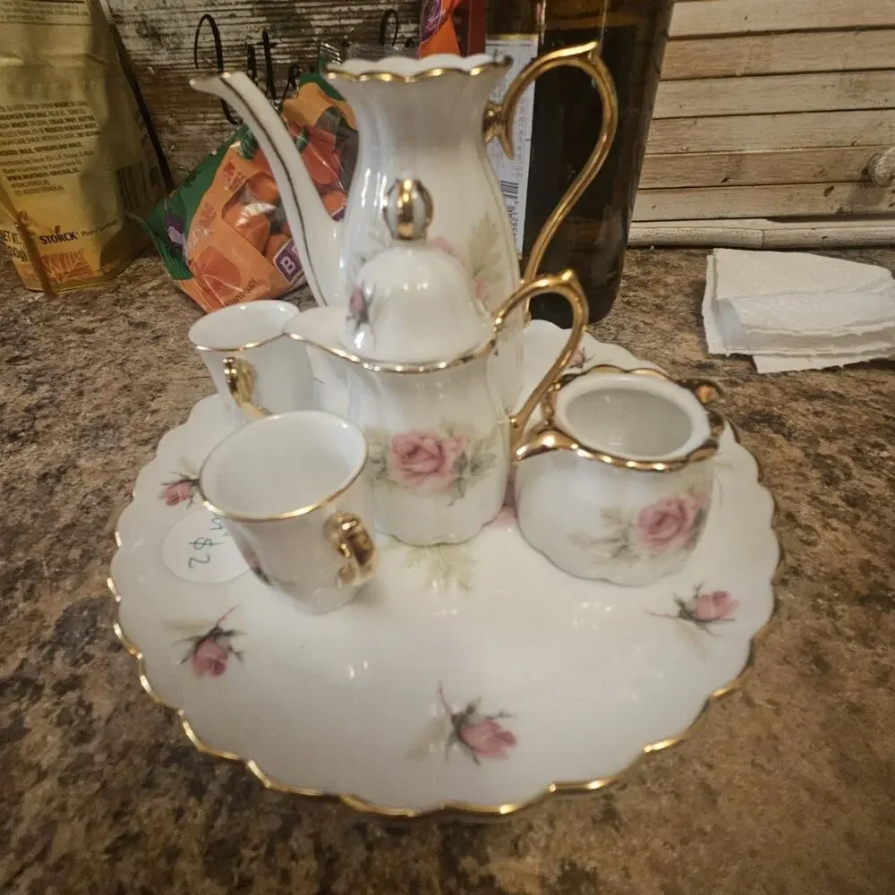 Victorian 10 Piece Porcelain Pink Rose Mini Tea Set With Gold Trim Dollhouse